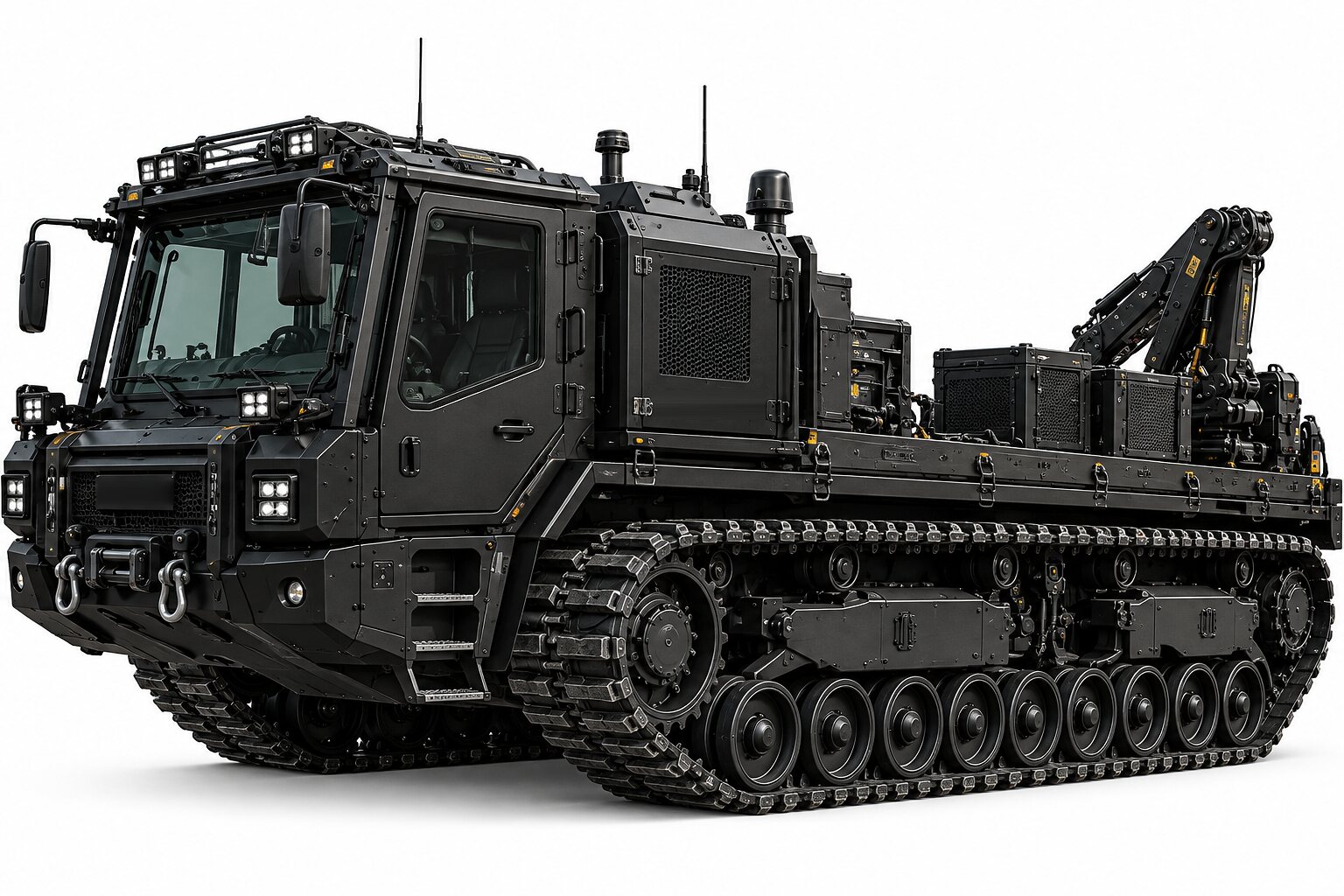 An illustration of a tracked carrier seen from the front left, its forward cab, power module, long flat mission deck and folded knuckle-boom crane above the road wheels.