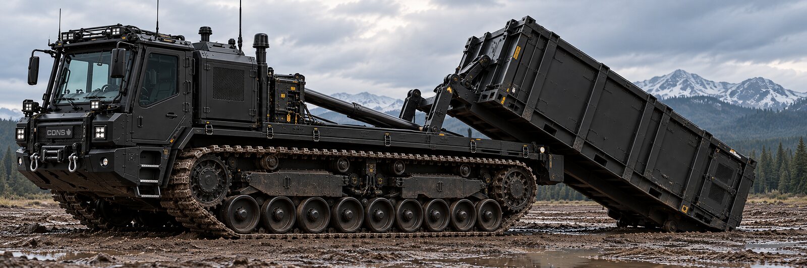 An illustration of a tracked carrier standing in mud and water with a plain container part-way off its deck, spruce and snow-covered mountains behind.